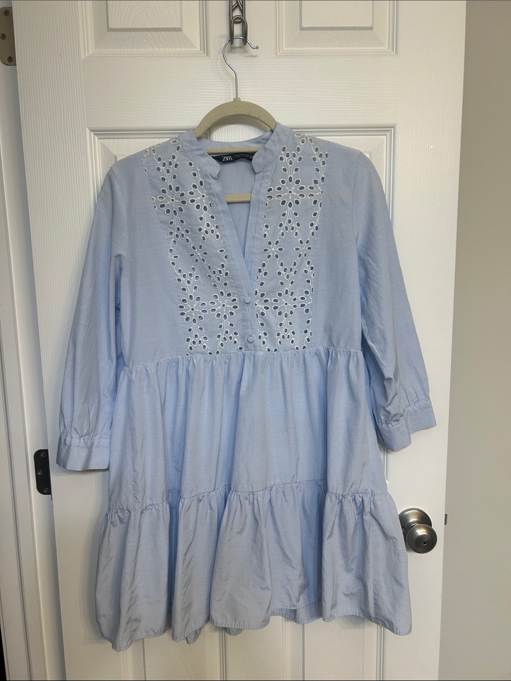 Zara Pale Blue Eyelet Tiered Women’s Dress XS
